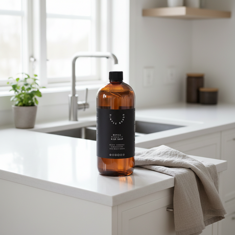 refill oppvasksåpe lemongrass black currant 1000 ml i brun flaske