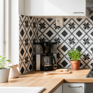 Oslo selvklebende fliser på kjøkkenvegg i ekte hjem