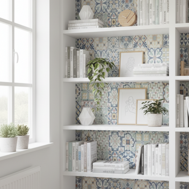 Palma tiles kontaktplast på bokhylle bakvegg