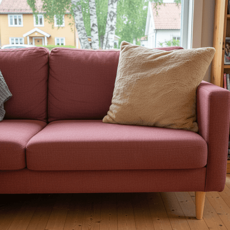 Beige putetrekk kombinert med pledd i lys stue