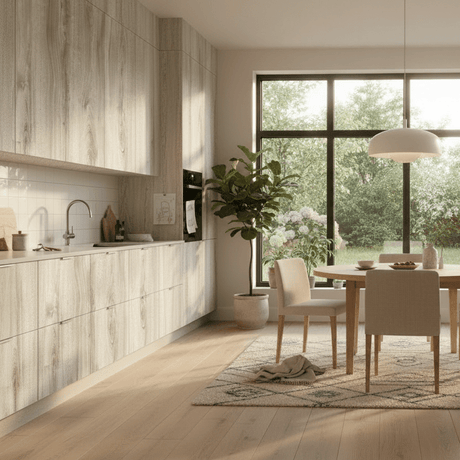 Premium Artico oak kontaktplast montert på kjøkkenfronter i lyst rom med naturlig trestruktur