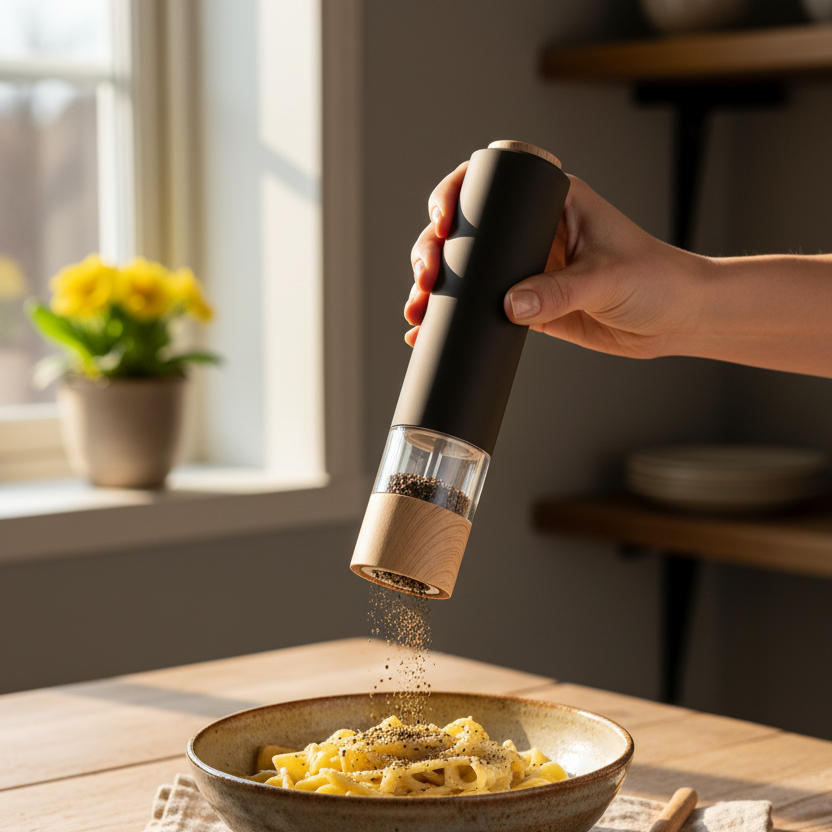 Elektrisk pepperkvern fra 5Five Simply Smart i antrasittgrå og svart, brukt med én hånd over en tallerken med pasta.