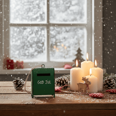 Grønn juledekor formet som postkasse med God Jul motiv