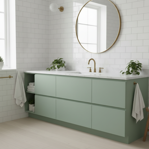 Premium mint green kontaktplast på baderomskap i skandinavisk bad