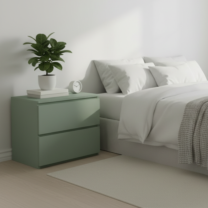 Soverom med nattbord og kommode foliert i dus grønn nyanse