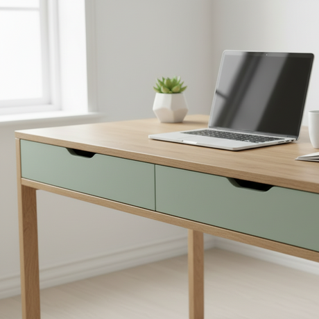 Premium mint green kontaktplast på skrivebordsskap i nordisk hjemmekontor