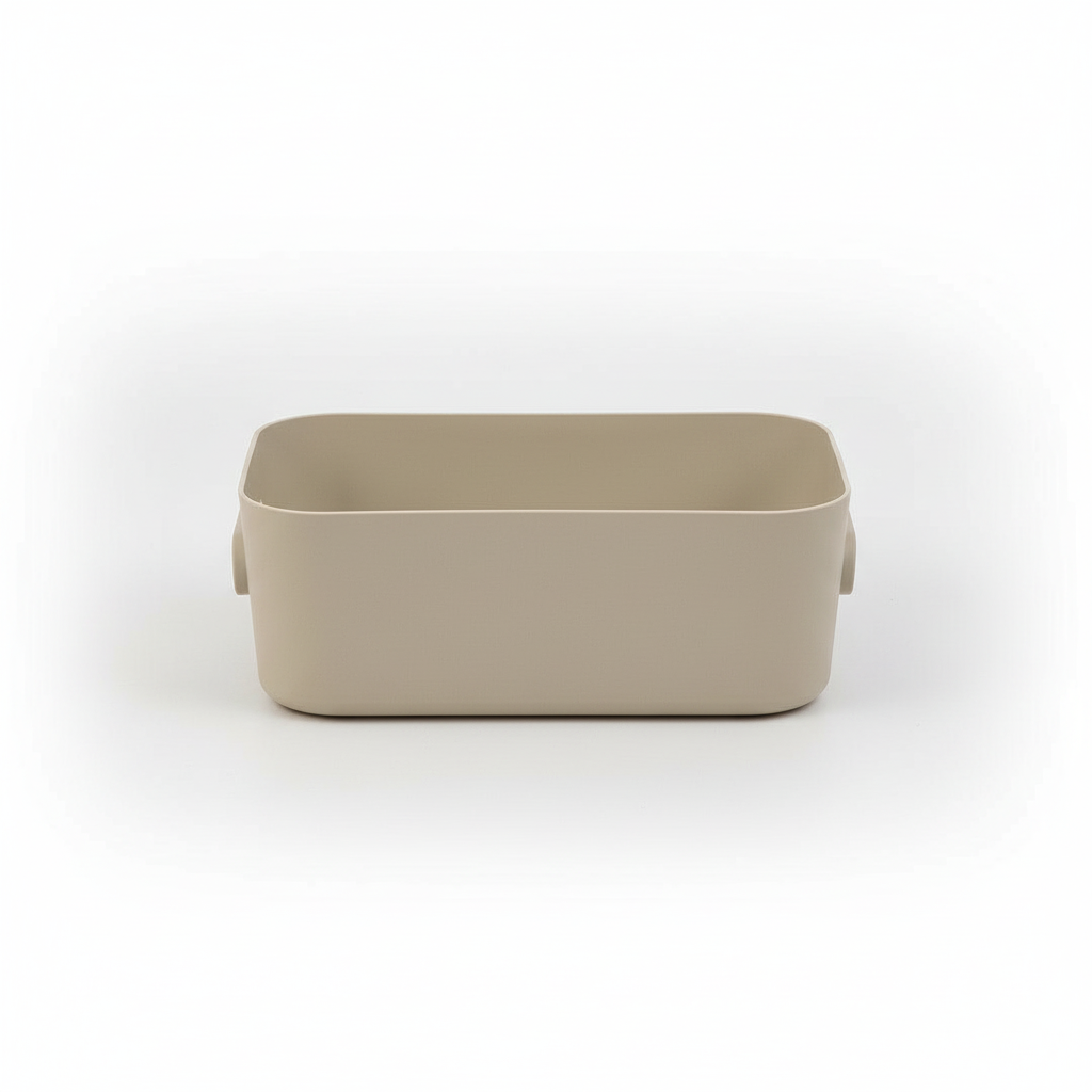 Liten organiseringsboks med integrerte håndtak til husholdningsartikler