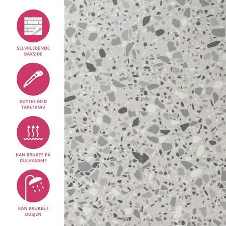 "London terrazzo selvklebende fliser brukt i moderne interiør med svart skrivebord og grønne planter"