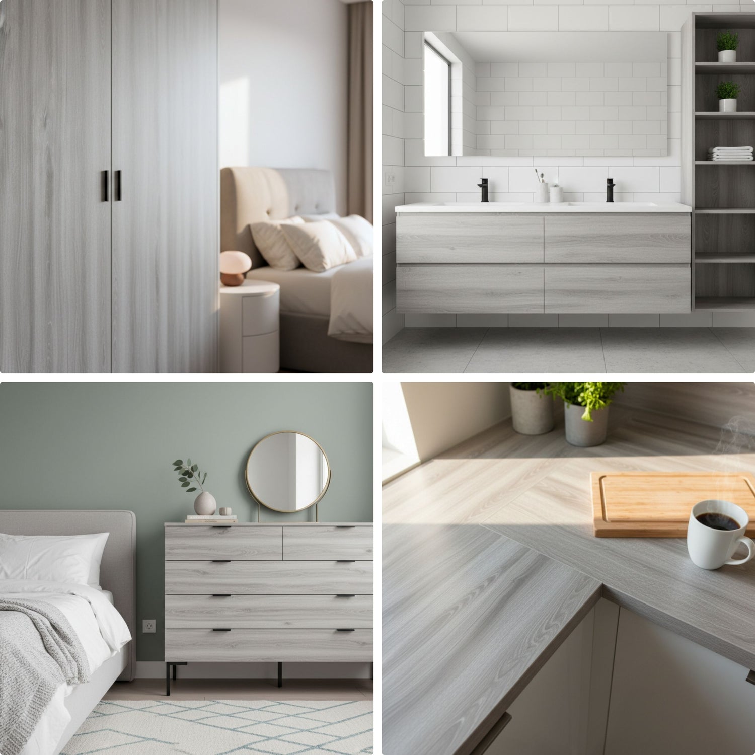 Bad og kjøkken kombinert med grå eik kontaktplast på møbler og flater