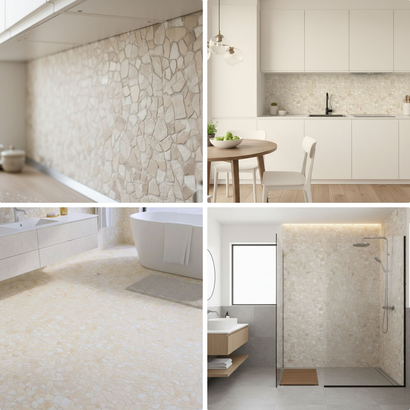 Tuscany Stone fliser brukt på bad med varm og lys steinstruktur