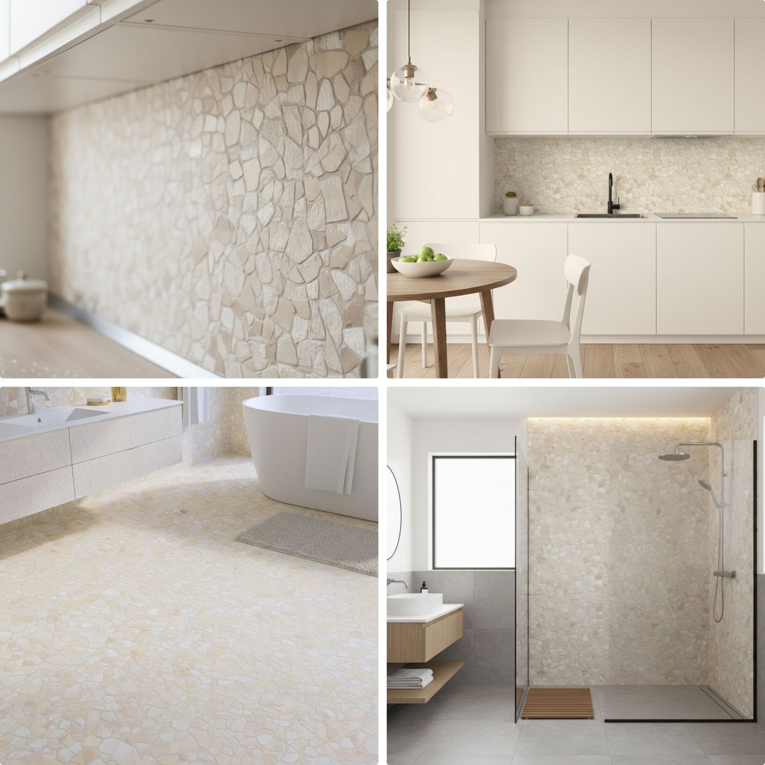 Tuscany Stone fliser brukt på bad med varm og lys steinstruktur