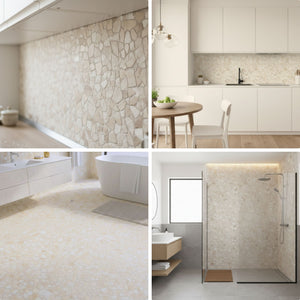 Tuscany Stone fliser brukt på bad med varm og lys steinstruktur