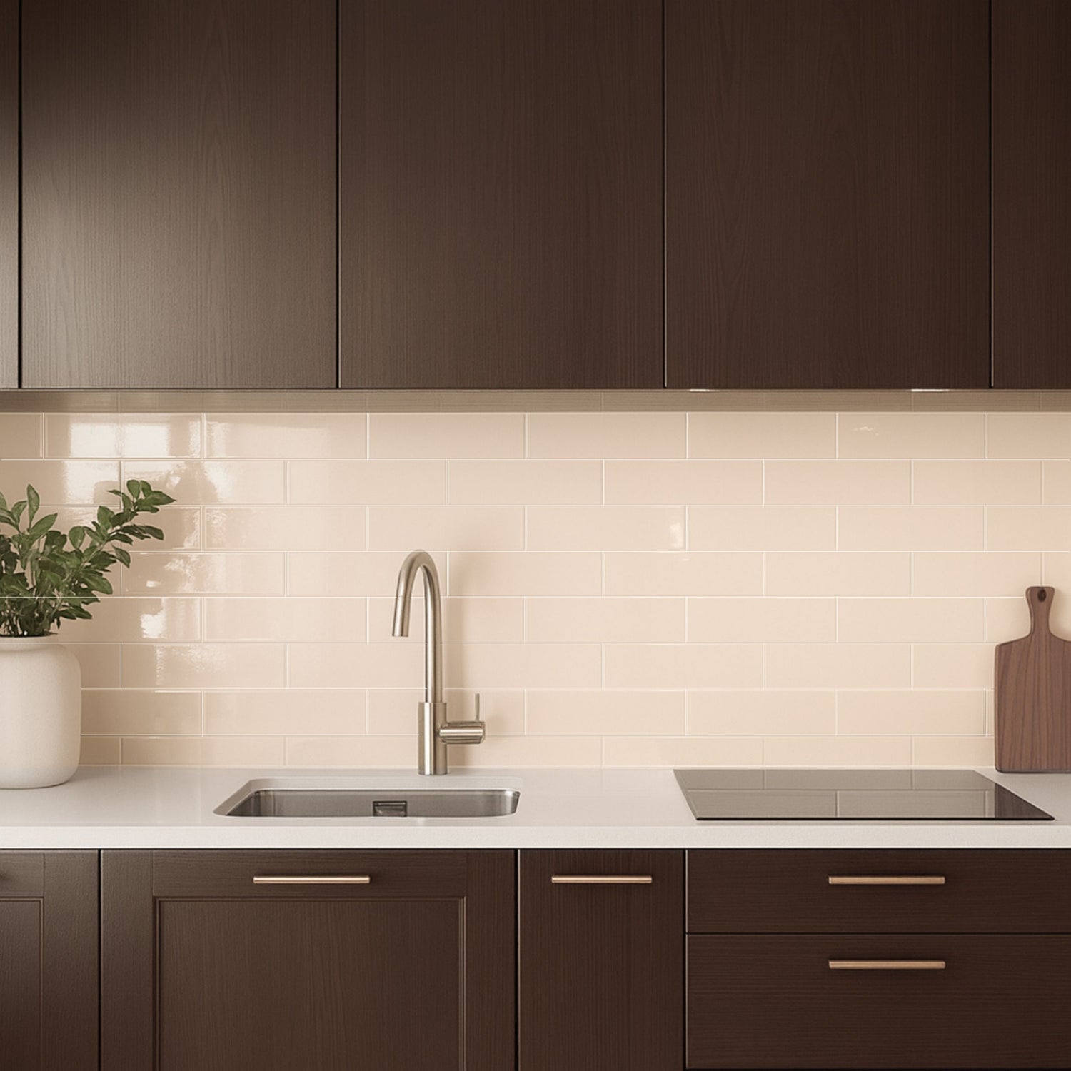 Selvklebende kjøkkenfliser i beige, blank finish som gir et elegant og tidløst uttrykk.