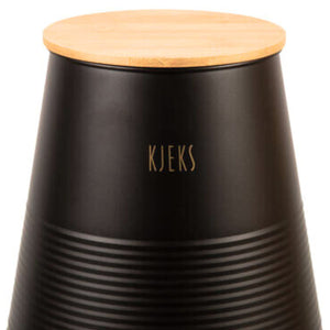 Oppbevaringsboks til kjeks i sort metall med bambuslokk – praktisk og dekorativ.