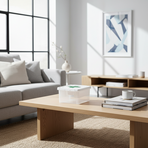 Transparent førstehjelpsboks med lokk og sorteringsinnsats