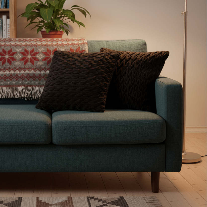 Dekorativt putetrekk i sort flettet velur for sofa og seng