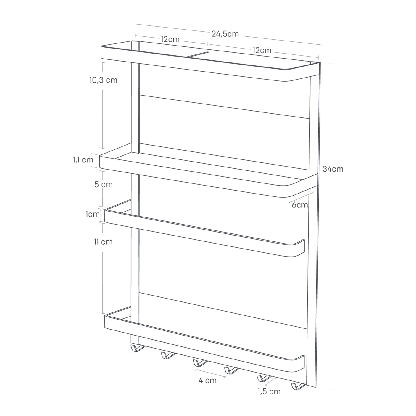 Kjøleskapshylle i svart med oppheng for sleiver og små kjøkkenartikler