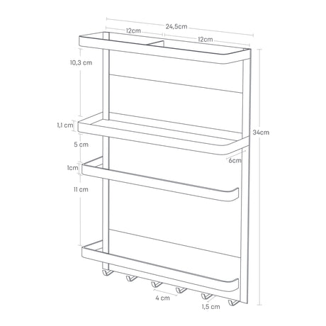 Kjøleskapshylle i svart med oppheng for sleiver og små kjøkkenartikler