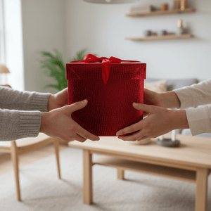 Röd gåvbox levereras till ett norskt hem