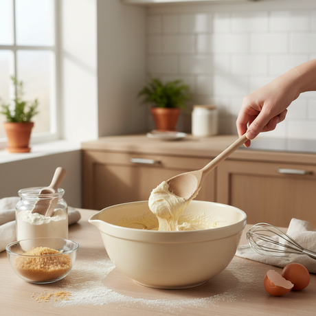 Kokeskje i tre med lang skaft til gryter og panner