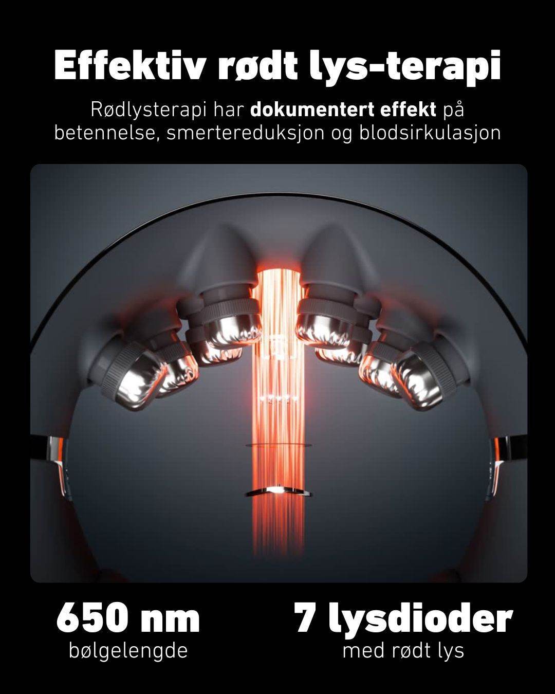 Nærbilde av SKG G7 Pro Fold massasjeapparat som viser 7 røde lysdioder med 650 nm bølgelengde for effektiv rødt lys-terapi. Illustrerer dokumentert effekt på betennelse, smertelindring og blodsirkulasjon.