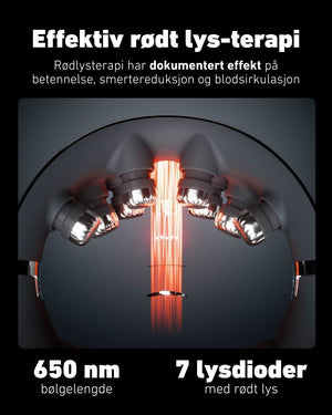 Nærbilde av SKG G7 Pro Fold massasjeapparat som viser 7 røde lysdioder med 650 nm bølgelengde for effektiv rødt lys-terapi. Illustrerer dokumentert effekt på betennelse, smertelindring og blodsirkulasjon.