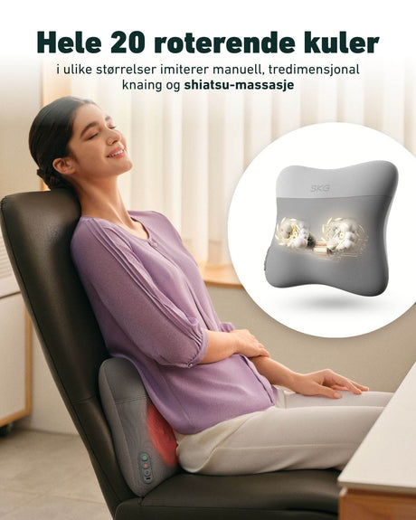SKG VS500 massasjepute med 20 roterende kuler, dobbeltsidig varme og memory foam – sammenlignet med enkel massasjepute fra andre merker