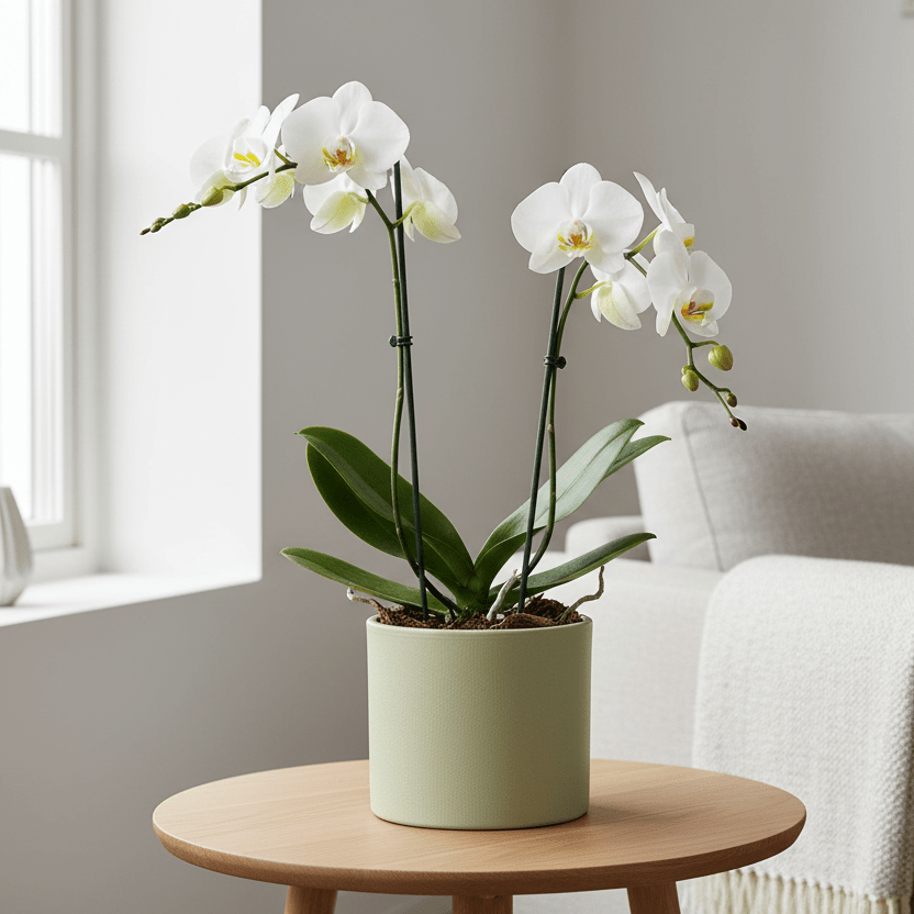 Sage green pot med hvit orkidé i stue
