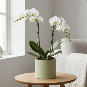 Sage green pot med hvit orkidé i stue