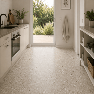 Lyst kjøkken med Sahara beige selvklebende terrazzo-fliser på gulvet. - Lindas dekor 