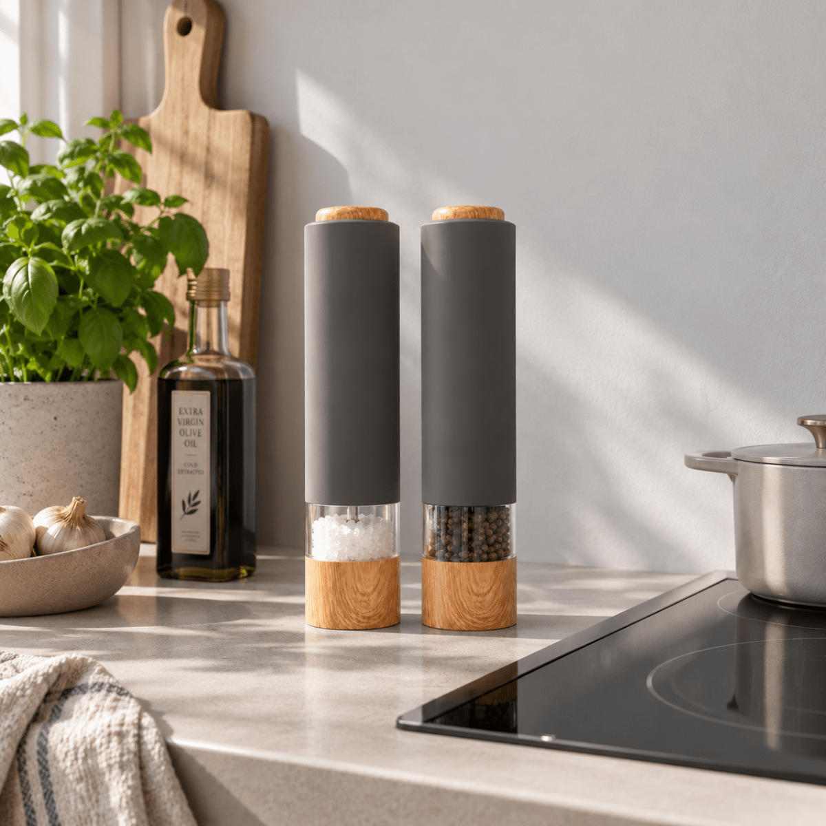 To elektriske krydderkverner i grå antrasitt med salt og pepper, plassert ved komfyr på kjøkkenbenk.