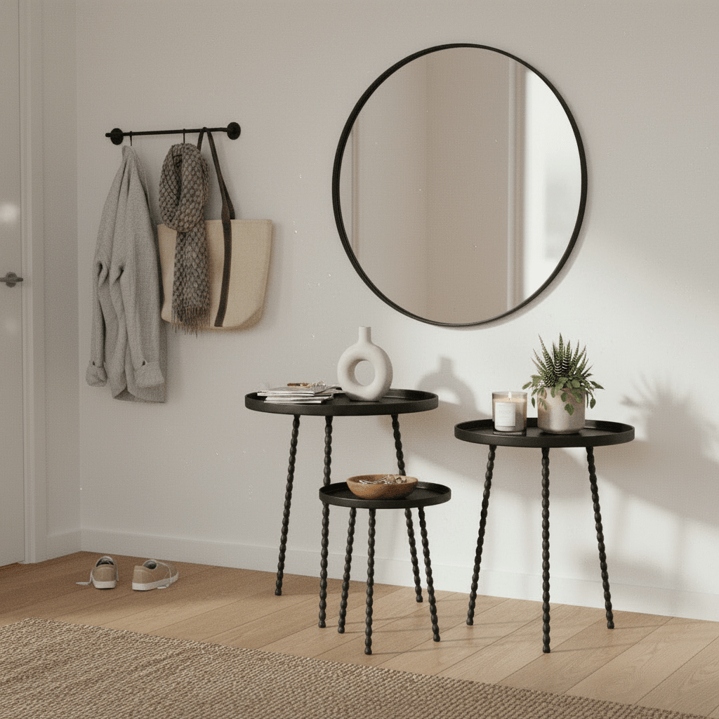 Svart Salvo sidebord placerat tillsammans med spegel, väggkrokar och dekorativa detaljer