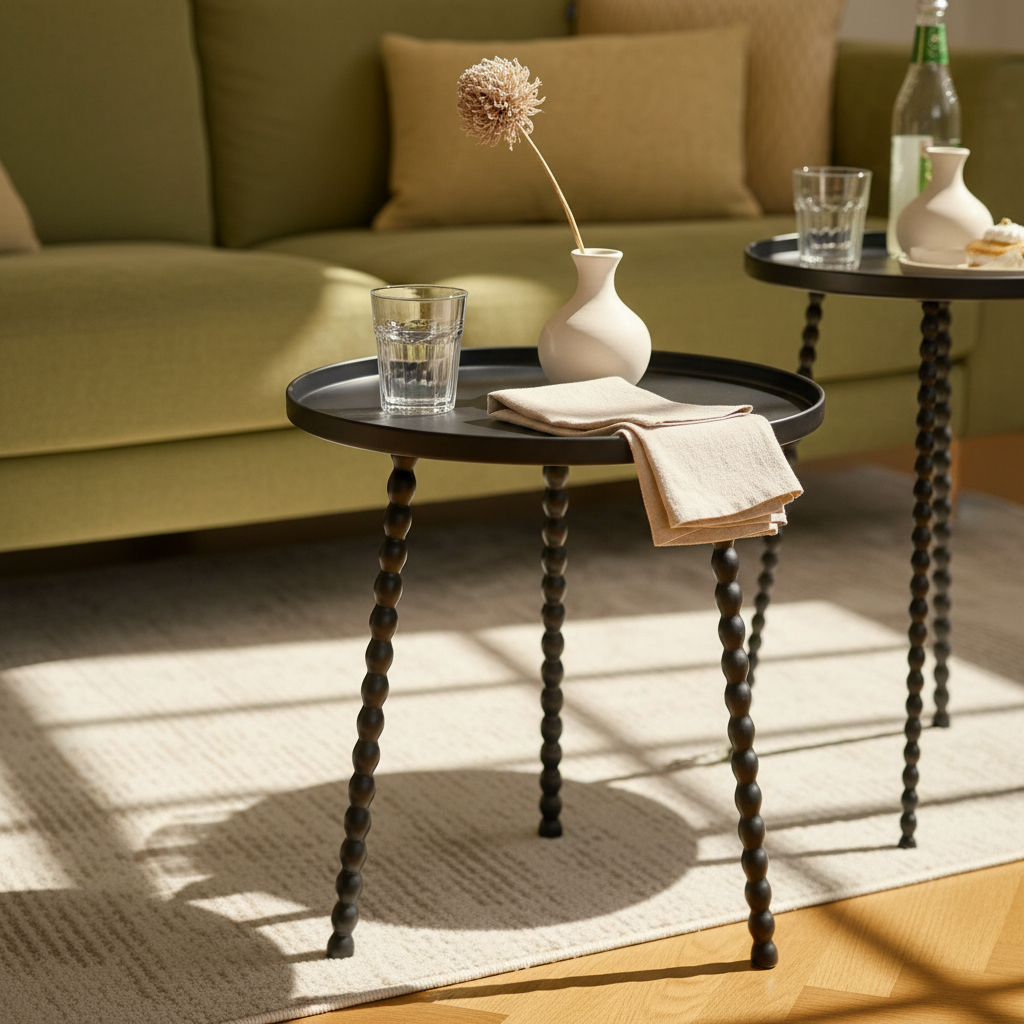 Runde svarte sidebord plassert ved sofa i nordisk stue