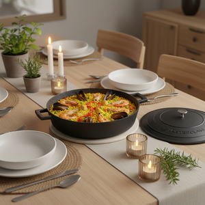 Kasserolle med lokk i sort metall til komfyr og ovn