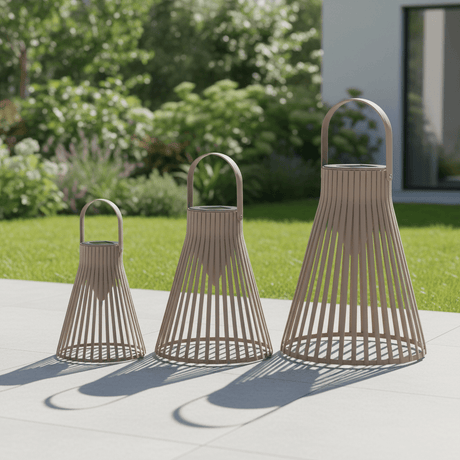 Solarlykt brun sett med tre størrelser i dekorativ metallutførelse til hage og terrasse