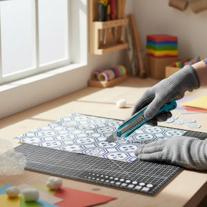 Skjærematte og utstyrskniv i bruk på kjøkkenbenk til å kutte dekorative fliseklistremerker presist.

