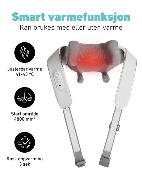 SKG H5 massasjeapparat med justerbar varme (41–45 °C), stort varmeområde og lynrask oppvarming på 3 sek – kan brukes med eller uten varme.