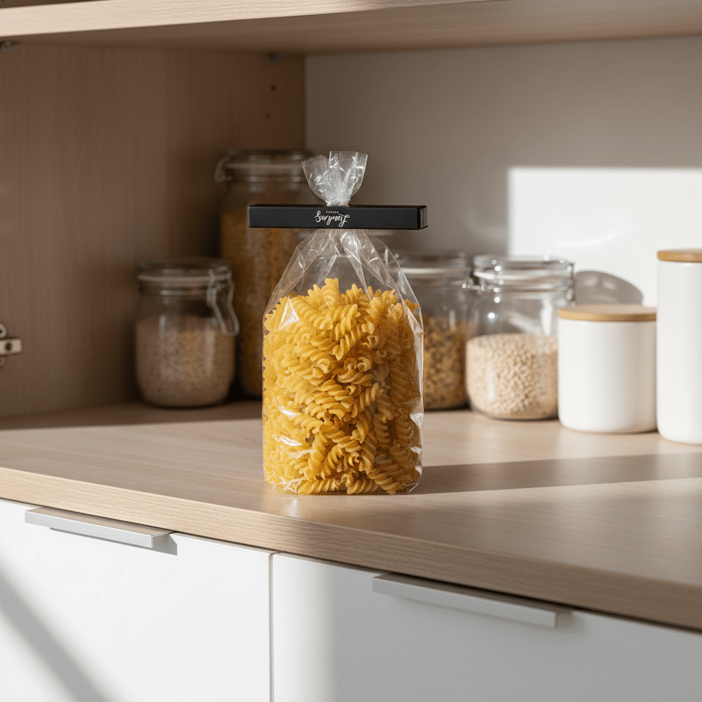 Sort poseklips brukt til å lukke pastapose i kjøkkenskap – smart oppbevaring og mindre matsvinn