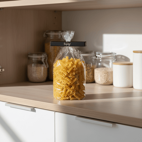 Sort poseklips brukt til å lukke pastapose i kjøkkenskap – smart oppbevaring og mindre matsvinn