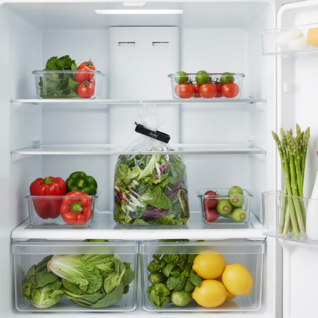 Gjenbrukbar sort poseklips som organiserer og lukker matposer i kjøleskapet