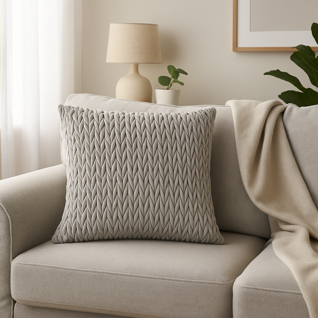 Sølvfarget putetrekk i flettet velur 45x45 cm til sofa og seng.