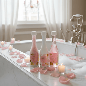 Rosa velværesett med dusjsåpe, body lotion og badesalt på dekorert gavebord