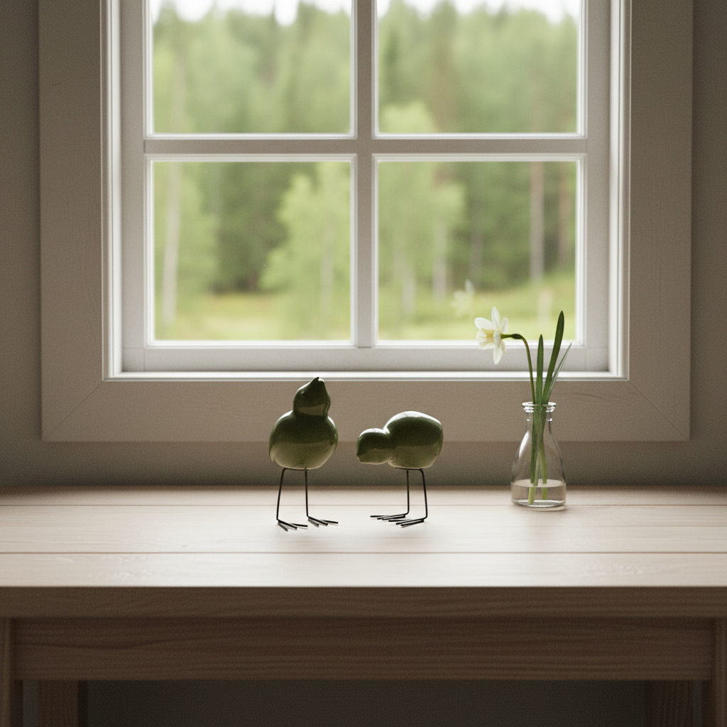 DBKD Pure vanntett keramikkpotte på trehylle med vårblomster i skandinavisk hyttemiljø.
