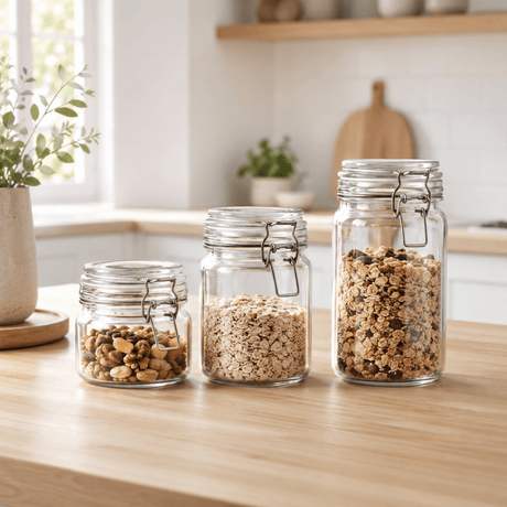 Klare oppbevaringsglass med patentlokk for oversiktlig oppbevaring