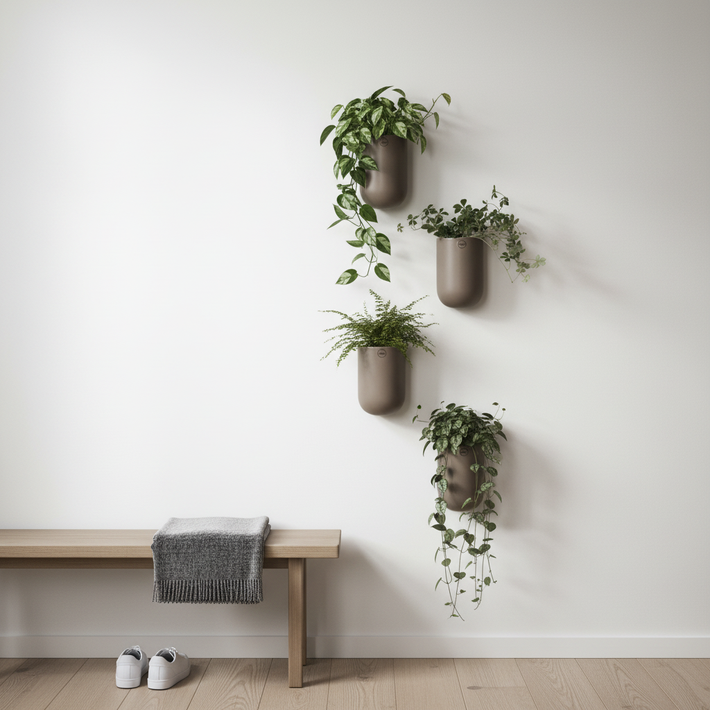 Tre DBKD Cut veggpotter i dust-farge arrangert vertikalt på entrévegg