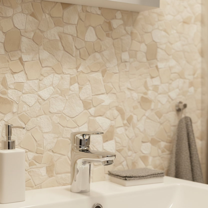 Tuscany Stone selvklebende fliser montert i dusjsone på bad