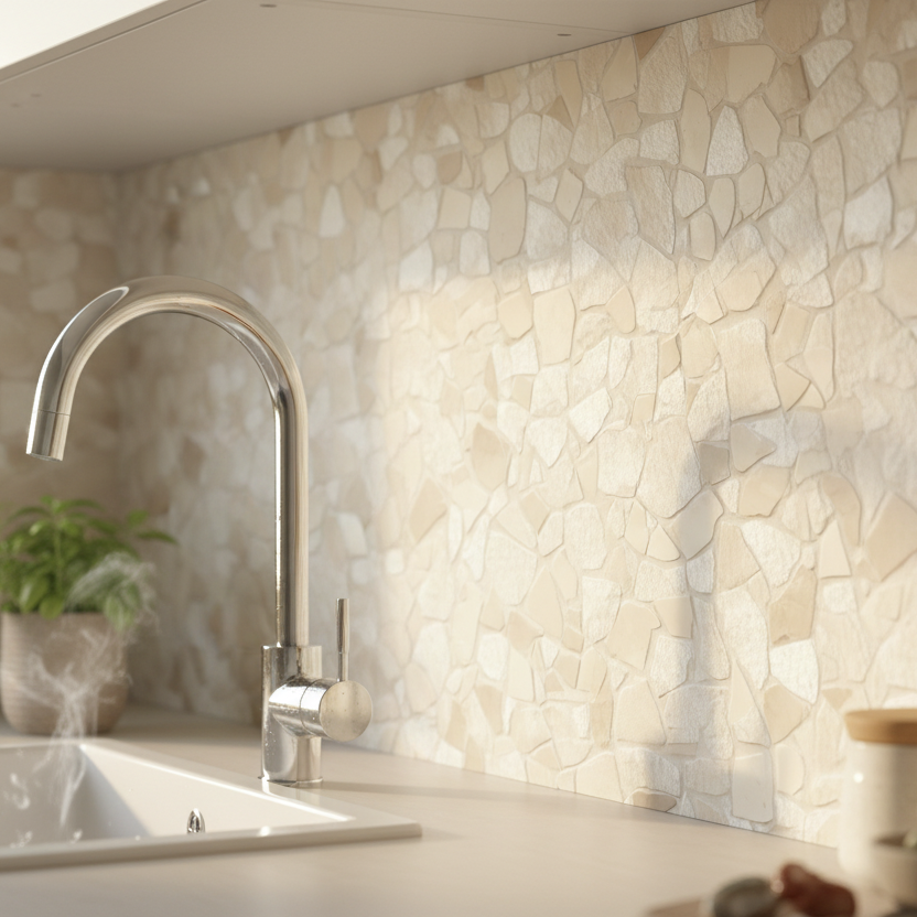 Tuscany Stone selvklebende fliser montert på kjøkkenvegg i beige steinlook