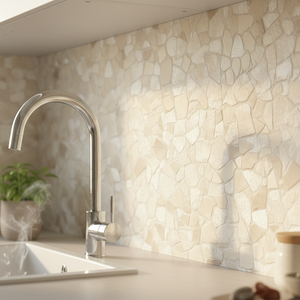 Tuscany Stone selvklebende fliser montert på kjøkkenvegg i beige steinlook
