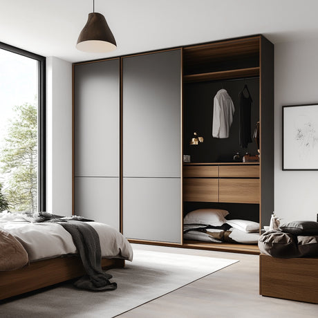 Soverom med moderne garderobeskap fornyet med Uni Matt Grå kontaktplast – perfekt for en stilren og tidløs look