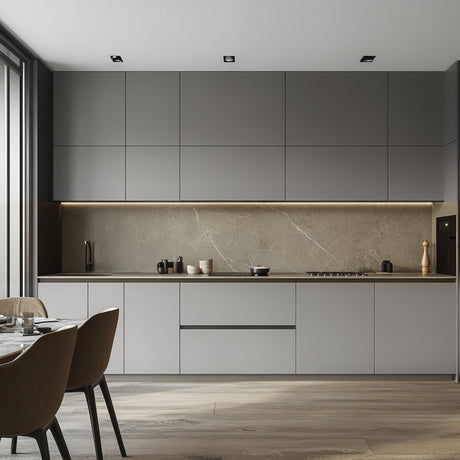 Eksklusivt kjøkken med matte grå skap i Uni Matt Grå kontaktplast – en budsjettvennlig måte å få luksusfølelse på kjøkkenet.